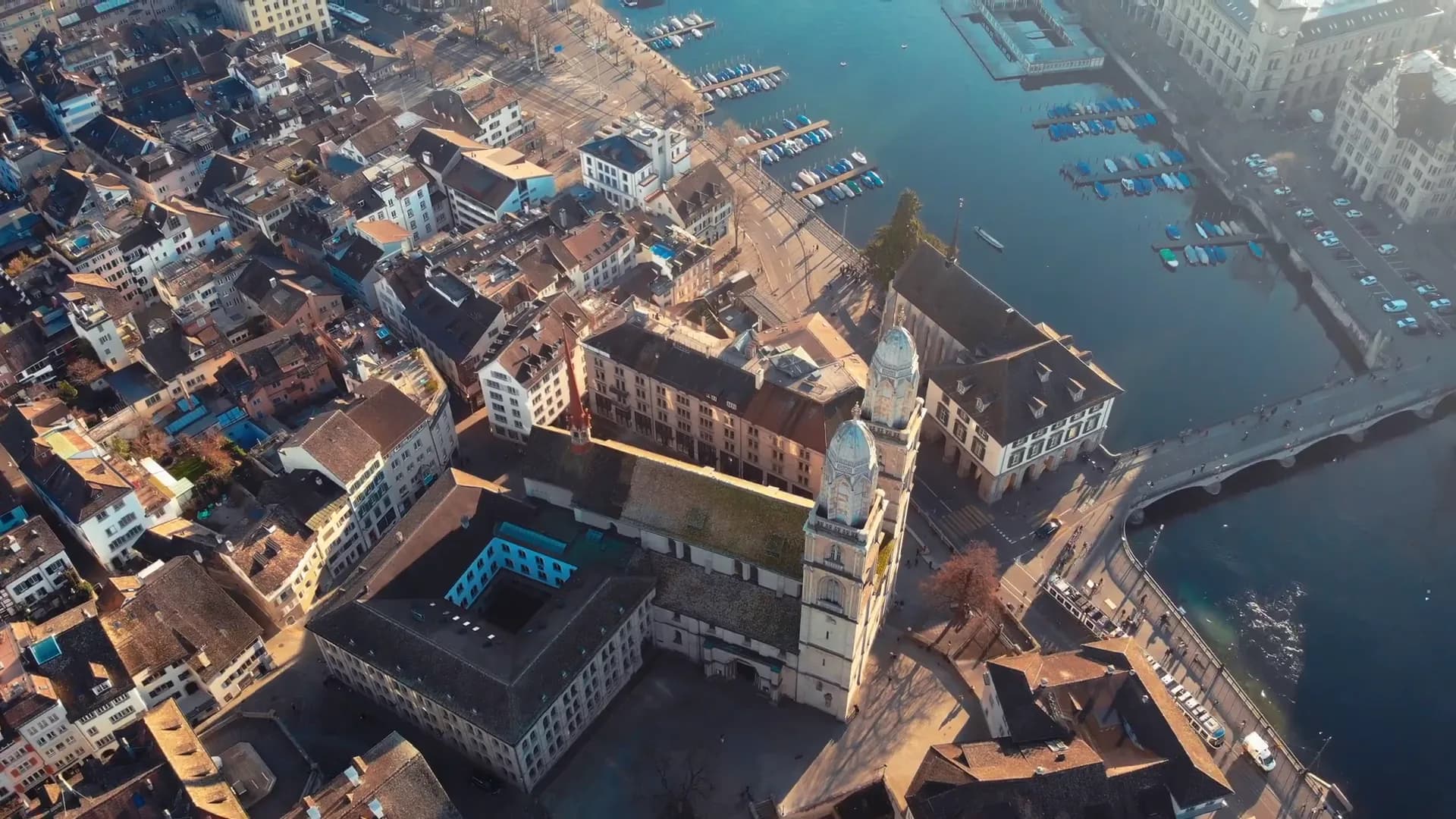 Aerial view of a historic riverfront old town